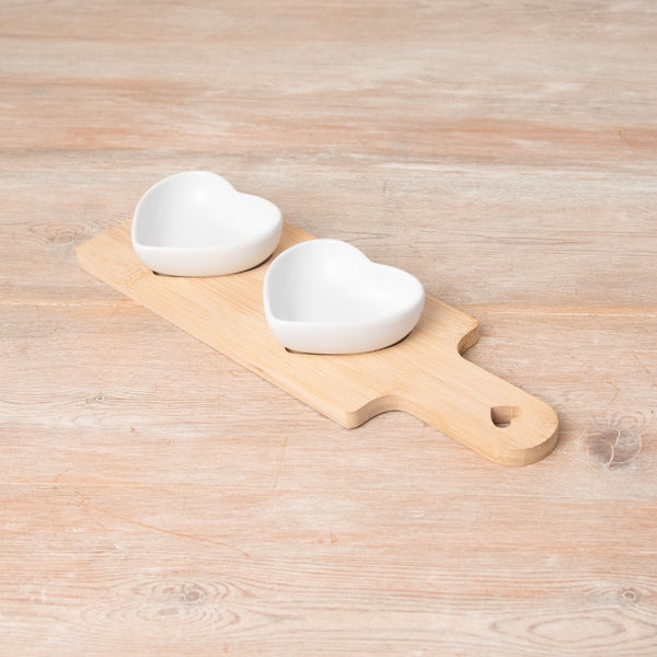 2 Heart Dishes on Mini Bamboo Board