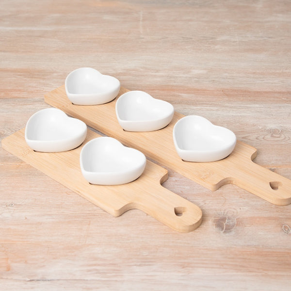 2 Heart Dishes on Mini Bamboo Board