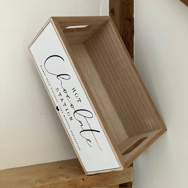 The Hot Chocolate Station Cosy Crate is a handy storage box for hot cocoa essentials