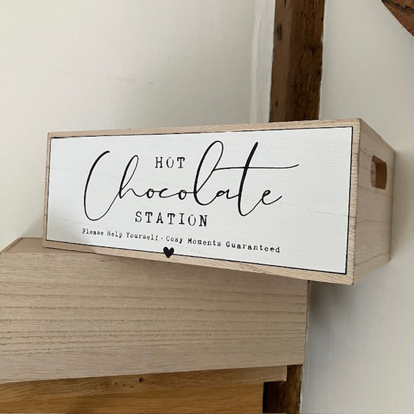 The Hot Chocolate Station Cosy Crate is a handy storage box for hot cocoa essentials
