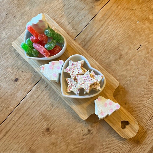 2 Heart Dishes on Mini Bamboo Board