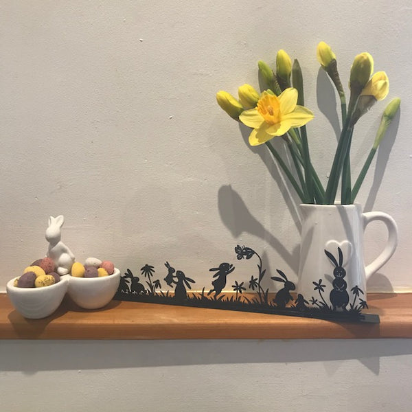 The Bunny Metal Silhouette Decoration is a unique and charming bunny scene, ideal to add to your cosy nest's home decor