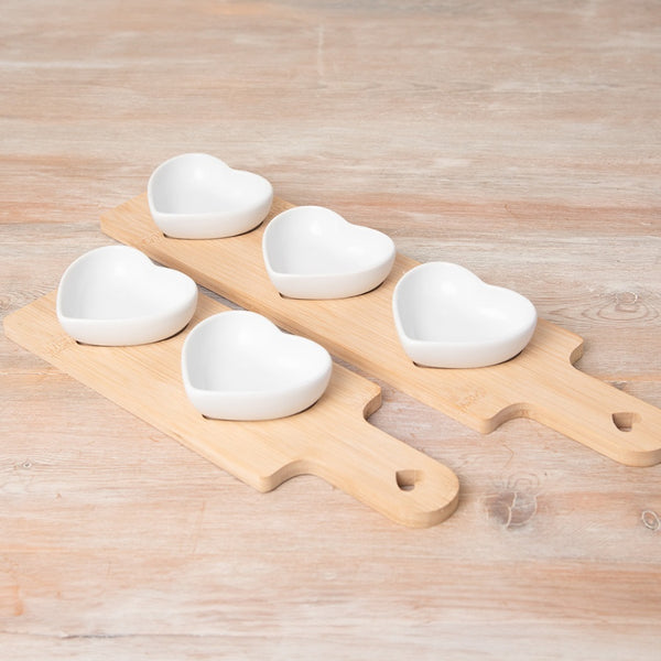3 Heart Dishes on Mini Bamboo Board