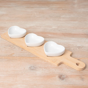 3 Heart Dishes on Mini Bamboo Board