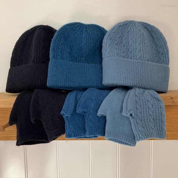 The Agnes Hat & Fingerless Gloves comes in 3 blue colourways plus Mustard, Green and Ecru