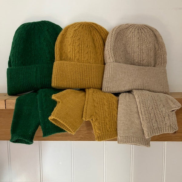 The Agnes Hat & Fingerless Gloves comes in 3 different blue colourways plus Forest Green, Mustard and Ecru
