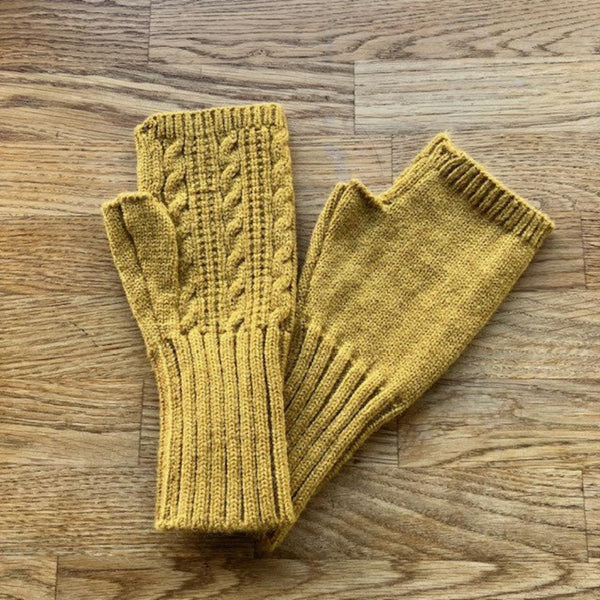 Agnes Knitted Wrist Warmer Gloves Mustard are a super stylish and cosy  fingerless gloves