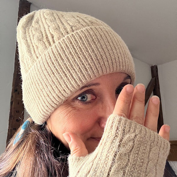 The Agnes Hat & Fingerless Gloves set is ideal for keeping you warm and cosy on cold days 