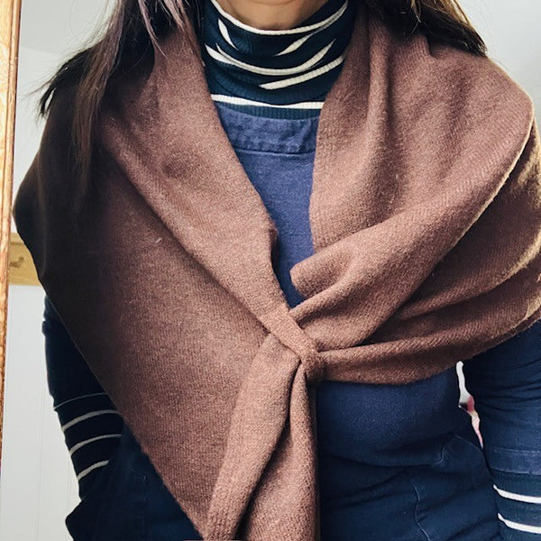 The Aida Scarf Brown can be worn 3 ways; as a shawl, a small triangular shape or as a snood