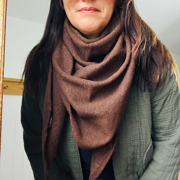 The Aida Scarf Brown can be worn also as a cosy snood style scarf