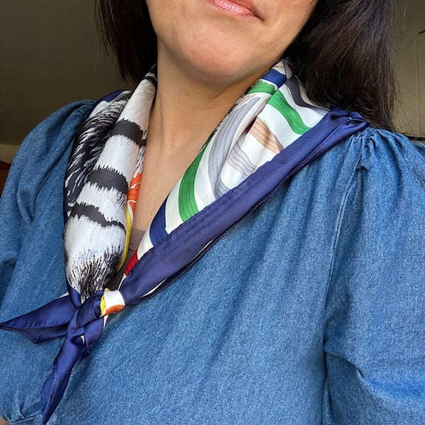 The Babar Scarf Blue is ideal for styling into the on-trend triangle tied scarves.