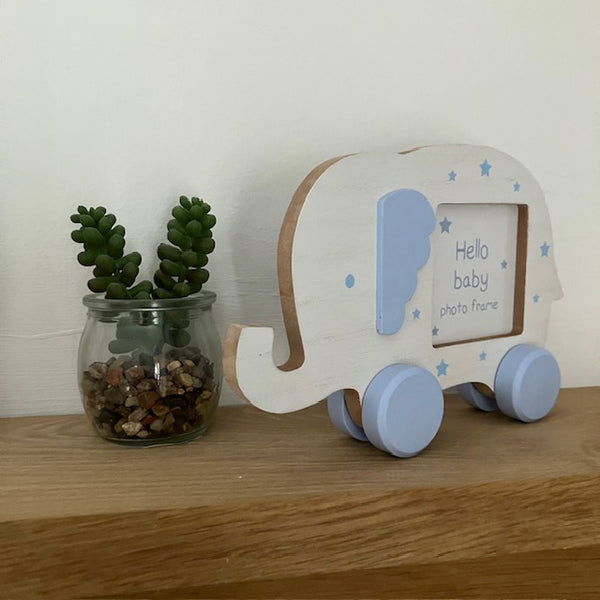 Cosy New Baby gift of a moveable elephant photo frame in blue