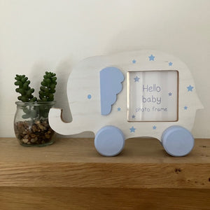 Cosy New Baby gift of a moveable elephant photo frame in blue