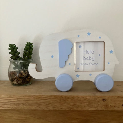 Cosy New Baby gift of a moveable elephant photo frame in blue