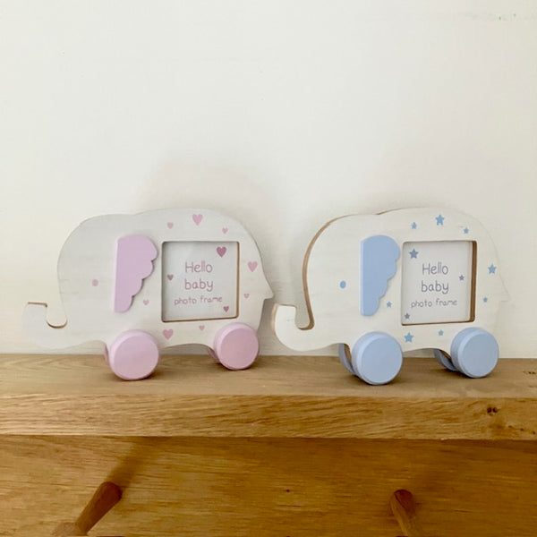 Elephant shaped photo frames that would make an ideal new baby or 1st birthday gift, available in either pink or blue.