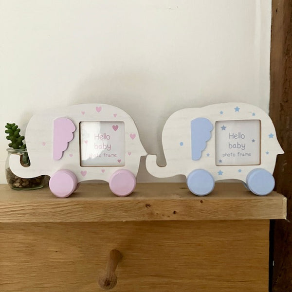 Two elephant-shaped photo frames come in either pink or blue, ideal new baby gift idea