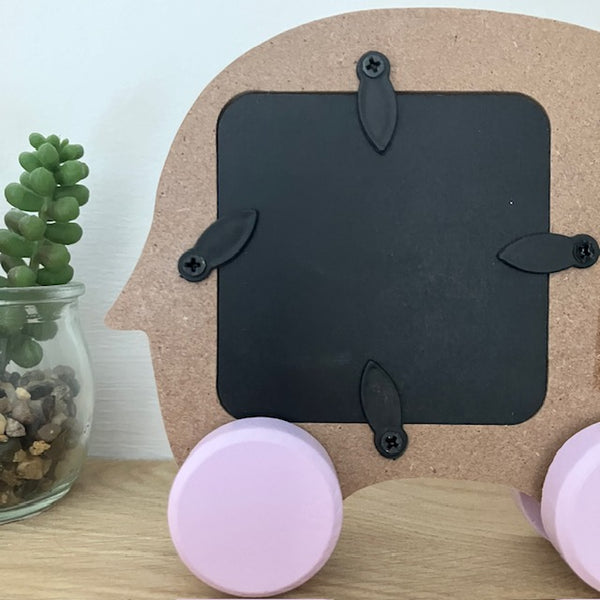 Ideal New Baby gift of a moveable elephant shaped photo frame in pink.  Also available in blue.