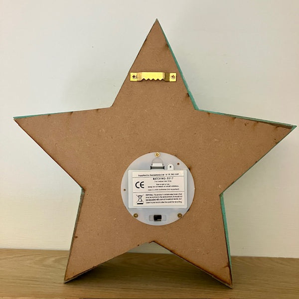 The Blue Star Light has wall hanging fixtures on the back and takes 3 x AAA Batteries