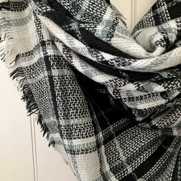 The Bonnie Scarf is a soft, cosy, mid-weight, not to heavy square blanket scarf