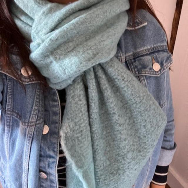 The Jenn Bouclé Knitted Scarf Duck Egg Green is super soft, cosy and ideal for when the weather gets cold