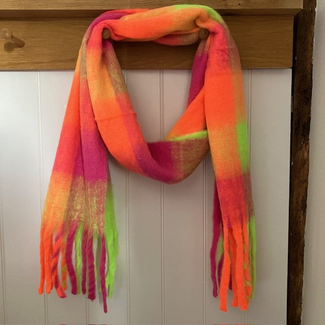The Bowie Scarf Neon Pink, Orange & Yellow is a fabulous, on-trend large check bright statement scarf 