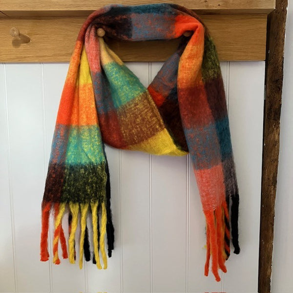 The Bowie Scarf Black, Orange, Yellow & Teal is a fabulous, on-trend large check statement scarf 