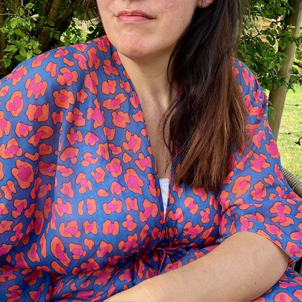 The Cari Kaftan Blue can be worn as a cover up, a light weight dressing gown or shacket