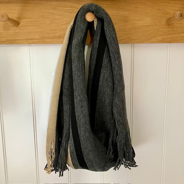 The Charlie Scarf Grey is a stylish striped, warm & cosy Gentlemen's scarf