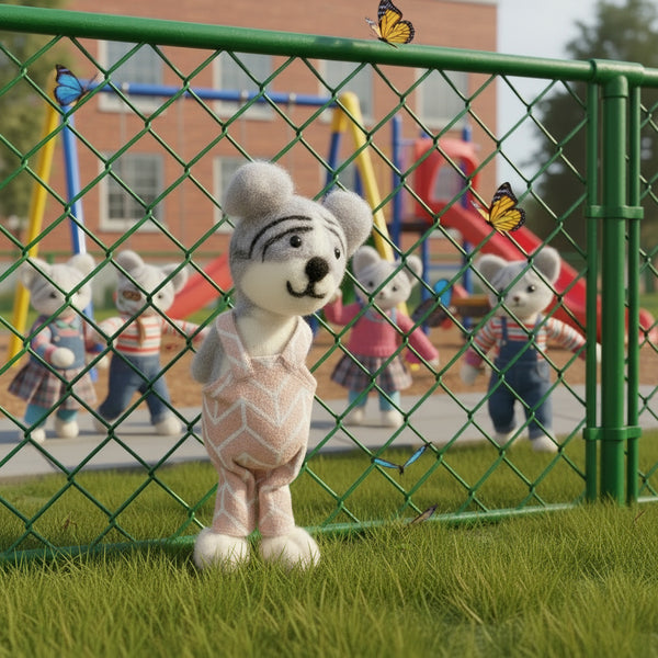 Felt friend, Clementine Cat in her pink dungarees on her first day of school.  Cosy home decoration and cute gift