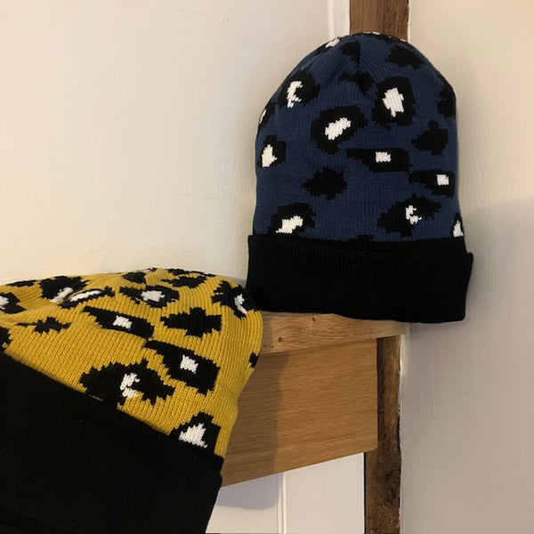 The Cleo Hat Blue Leopard Print is a fabulous bold design that will keep you super warm and cosy this winter