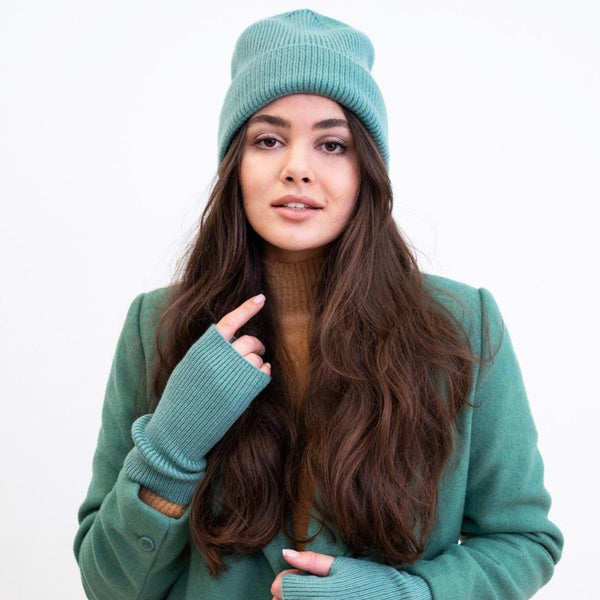 The Clover Hat & Fingerless Gloves Duck Egg are the ideal set for when the weather turns cold