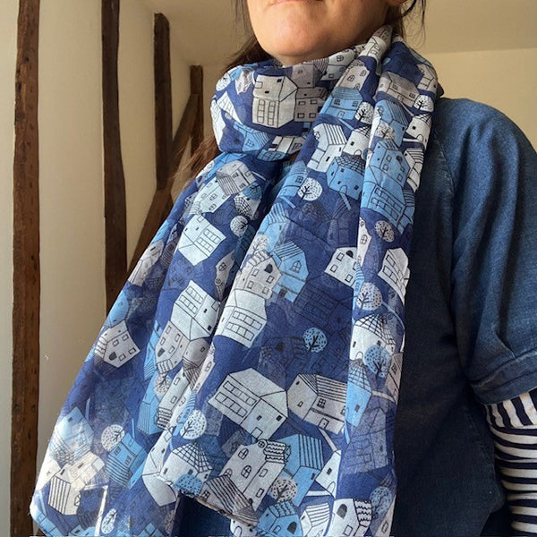 The Cosy Town scarf can be worn in multiple styles as a long rectangular light weight scarf