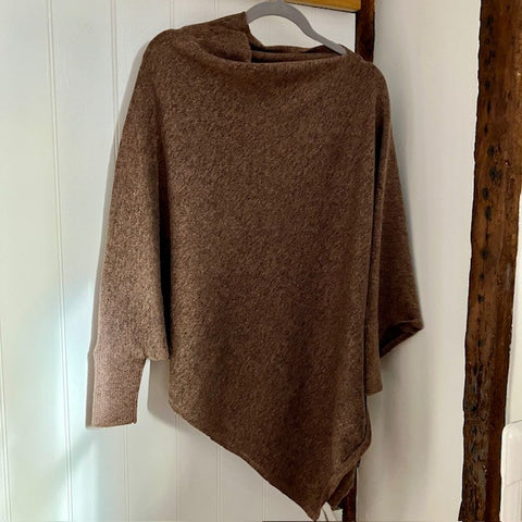 The Floella Poncho Brown is a fabulous design and perfect cosy accessory; a jumper, a poncho & a scarf in one!