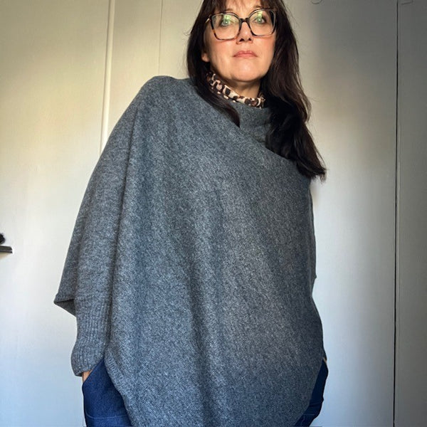 The Floella Poncho has a diagonal hem that is both flattering and covering