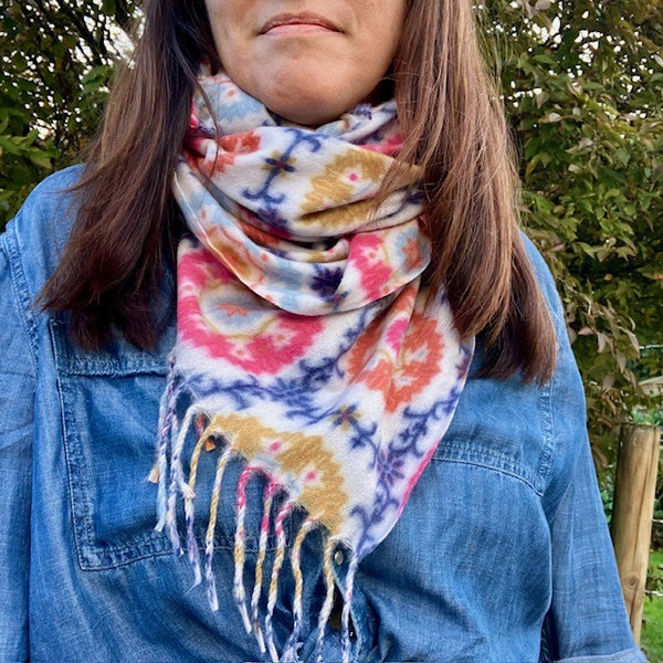 The Flossie Scarf has gorgeous colours and looks great with denim