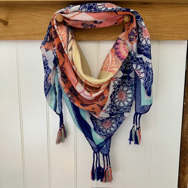 The Fuji Scarf is a gorgeous boho design that is super light and ideal accessory to add pattern and colour to your summer outfits