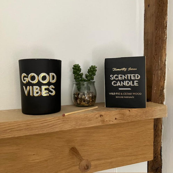 The 'Good Vibes' Scented Candle - Wild Fig & Cedar Wood will make a gorgeous thoughtful gift or cosy home accessory