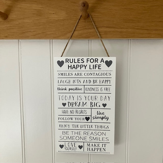 The Happy Life Sign is an uplifting list of rules for your cosy home