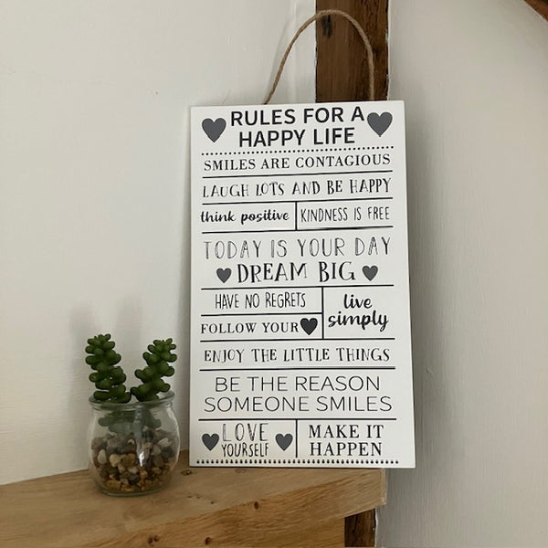 The Happy Life Sign is an uplifting list of rules for your cosy home