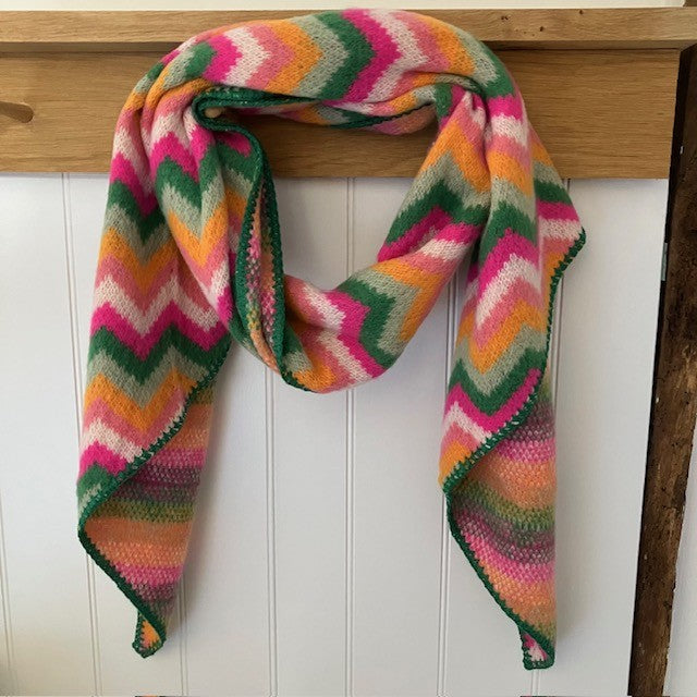 The Isla Scarf Pink, Green & Orange is has a gorgeous chevron pattern and delicious colours