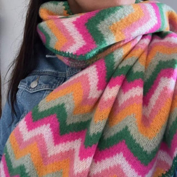 The Isla Scarf Pink, Green & Orange is has a gorgeous chevron pattern and delicious colours