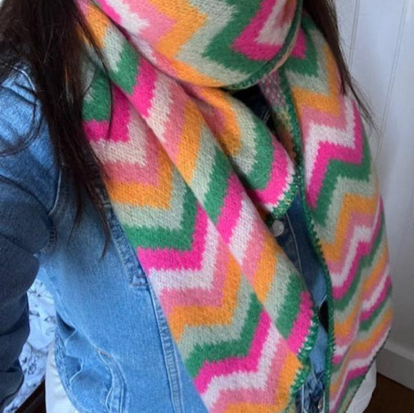 The Isla Scarf Pink, Green & Orange is has a gorgeous chevron pattern and delicious colours