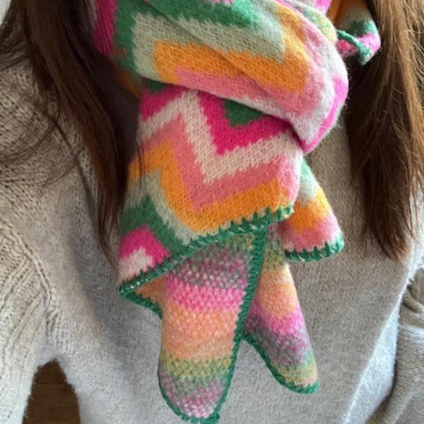 The Isla Scarf Pink, Green & Orange is has a gorgeous chevron pattern and delicious colours