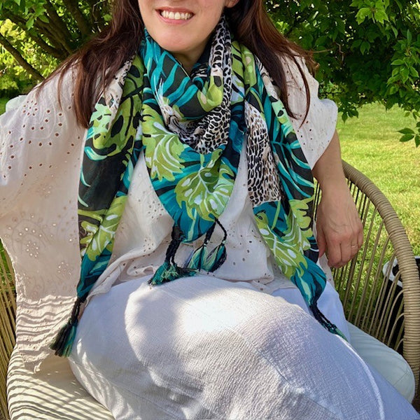 The Isra Scarf is a stunning scarf to bring colour and animal print pattern to your cosy summer wardrobe