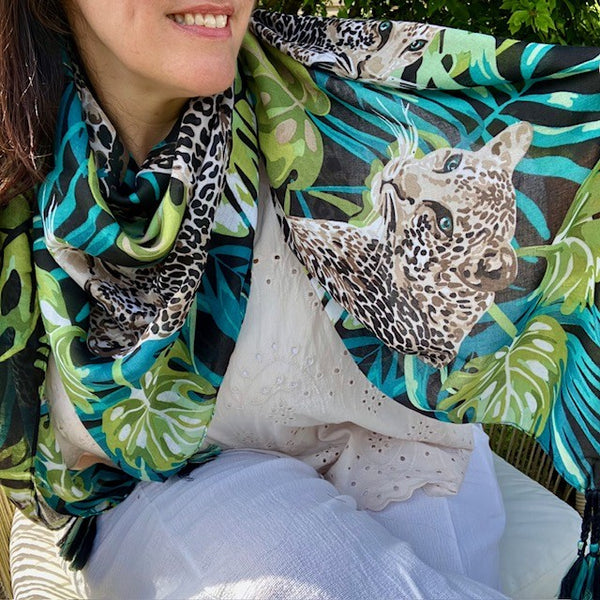 The Isra Scarf has a stunning mirroring pattern of gorgeous jungle leopards