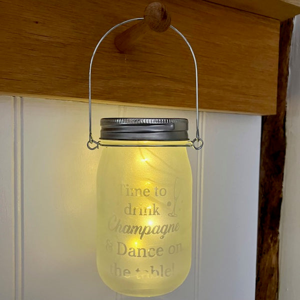 Glass Mason jar with metal lid and metal handle - Time to Drink Champagne & Dance on the Tables!