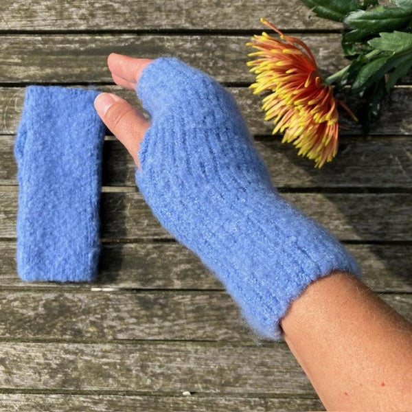 Jenn Boucle Knitted Wrist Warmers Blue are super soft, cosy and ideal when you need your fingers free for all those busy jobs.