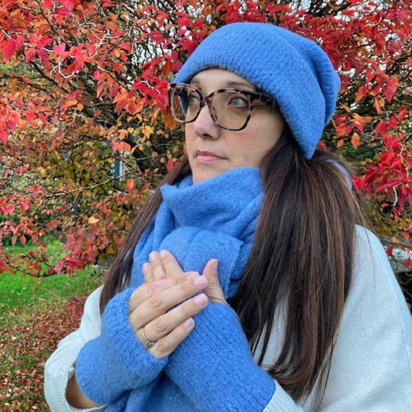 Jenn Boucle Knitted Wrist Warmers Blue are super soft, cosy and ideal when you need your fingers free for all those busy jobs