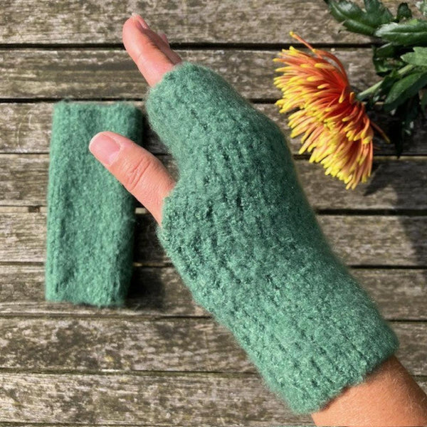 Jenn Boucle Knitted Wrist Warmers Green are super soft, cosy & ideal when you need your fingers free for all those busy jobs