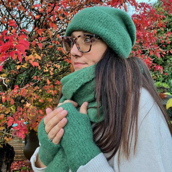 Jenn Boucle Knitted Wrist Warmers Green are super soft, cosy & ideal when you need your fingers free for all those busy jobs